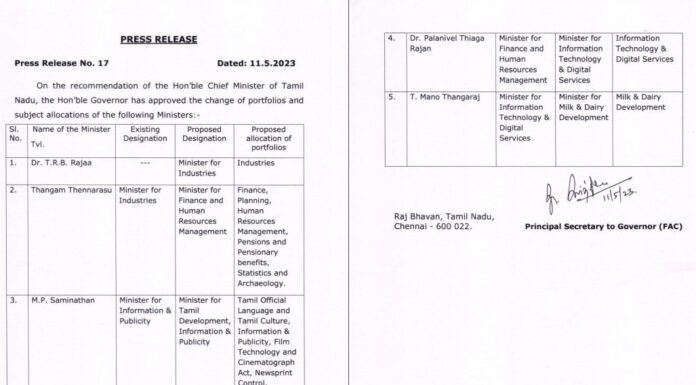 तमिलनाडु मंत्रिमंडल में फेरबदल: राजन की जगह थेन्नारासु बने वित्त मंत्री; अन्य प्रमुख हस्तियों के लिए नई भूमिकाएँ